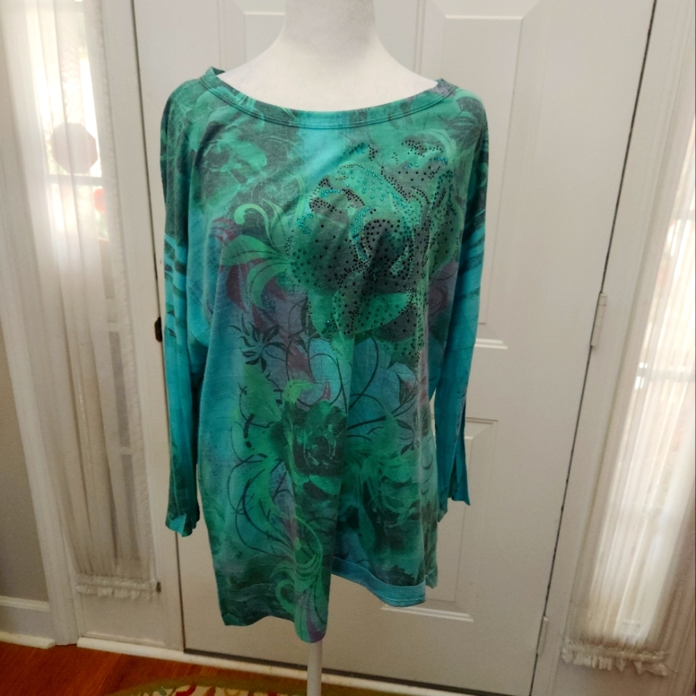 Westbound Bejeweled 3/4 Dolman Sleeves Greens and Purple Size XL